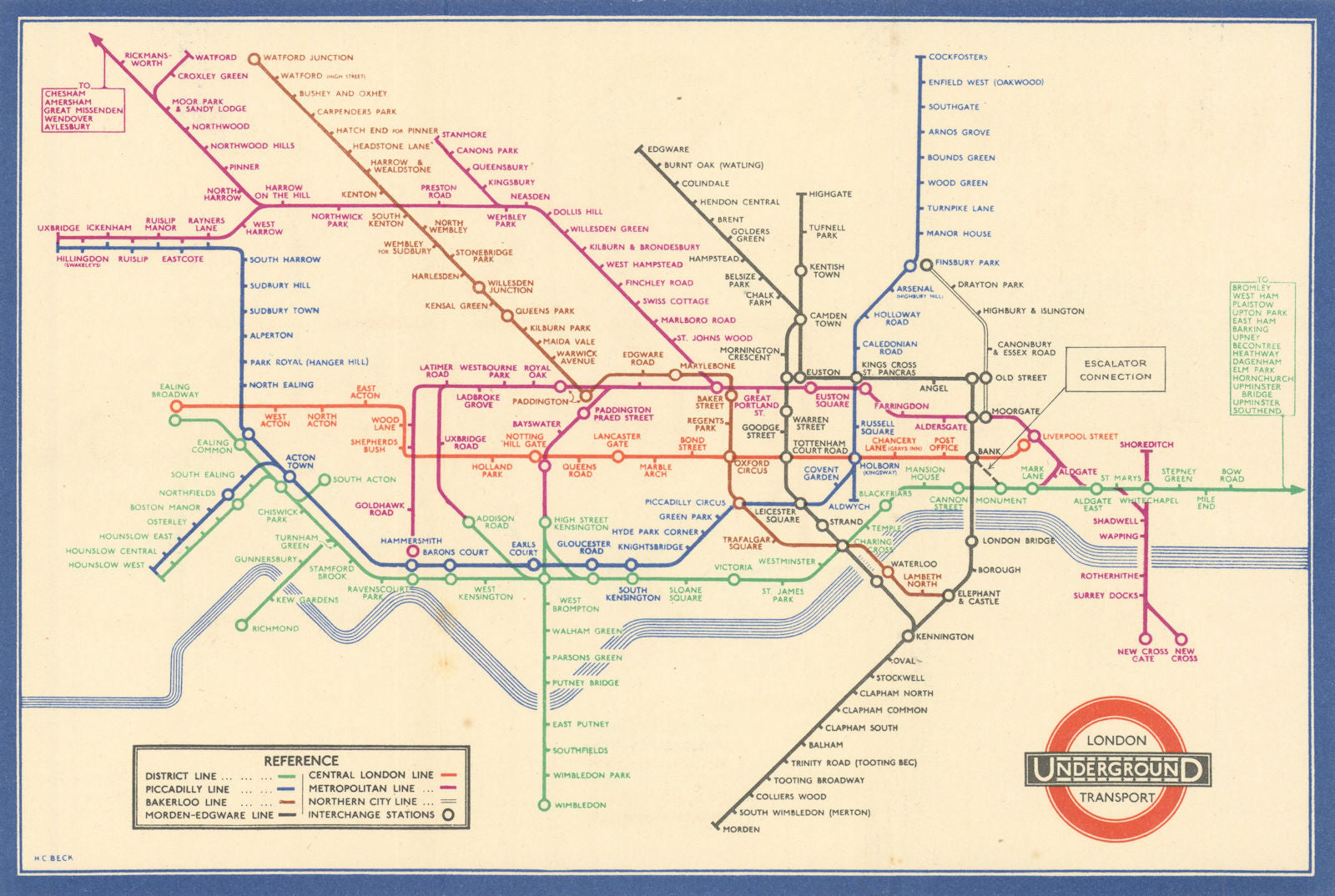 LONDON UNDERGROUND tube plan map diagram. Middle Circle. HARRY BECK #1 1937